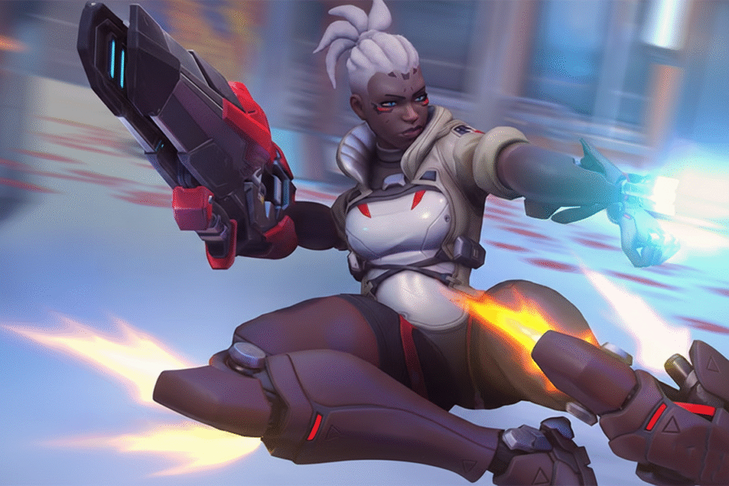 Overwatch 2 hero mid-air during combat, firing a weapon while using advanced abilities in a fast-paced multiplayer battle.