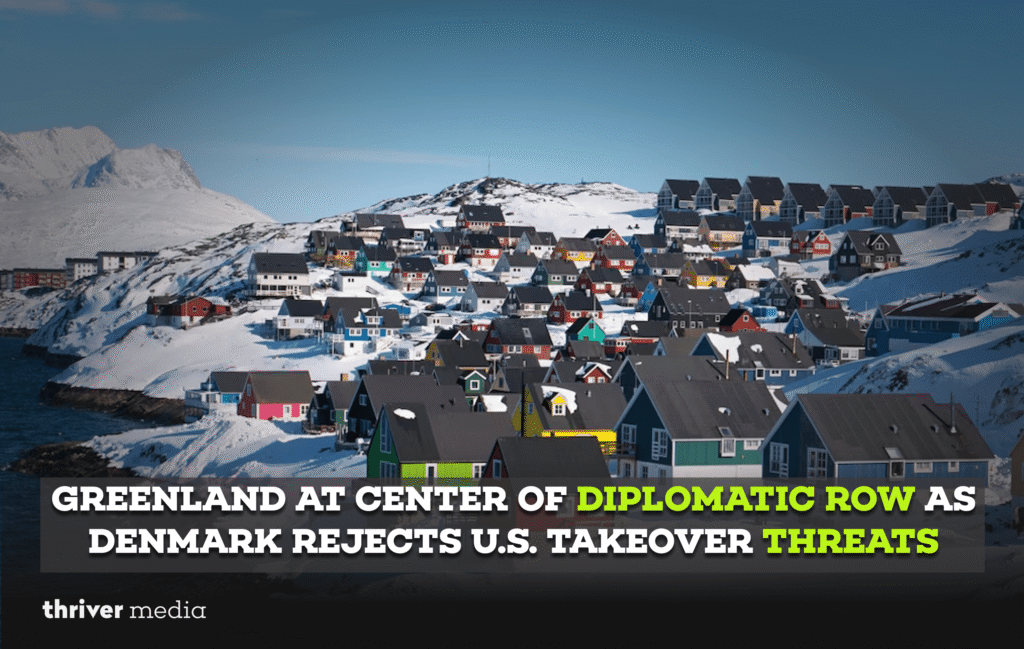 Greenland landscape with icy mountains and coastal settlements, symbolizing growing diplomatic tensions between Denmark and the United States over annexation talk.