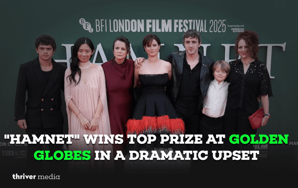 Golden Globes 2026 trophy with “Hamnet” winning Best Motion Picture – Drama.