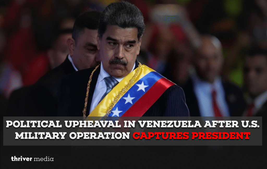 Venezuelan President Nicolás Maduro captured during a U.S. military operation, with interim leader Delcy Rodríguez taking charge.
