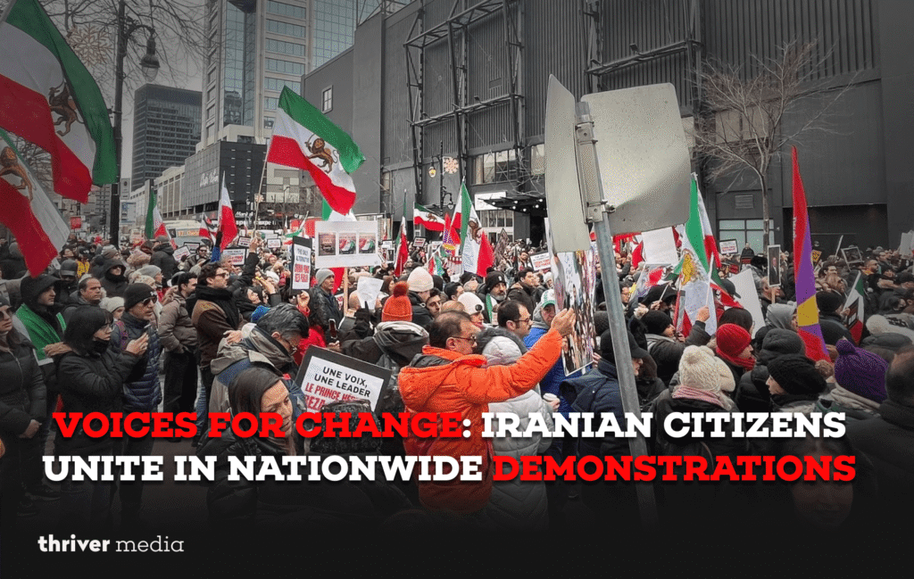 Iranian citizens march peacefully in a nationwide demonstration, holding banners calling for political and economic change.