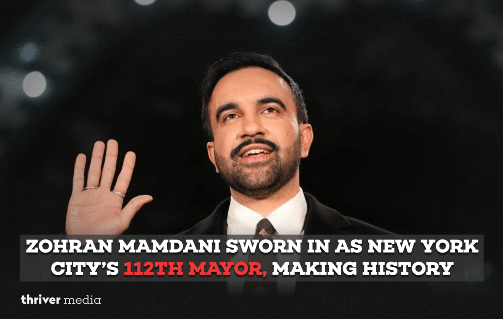 Zohran Mamdani taking the oath of office as New York City’s 112th mayor on a Quran at Old City Hall subway station.