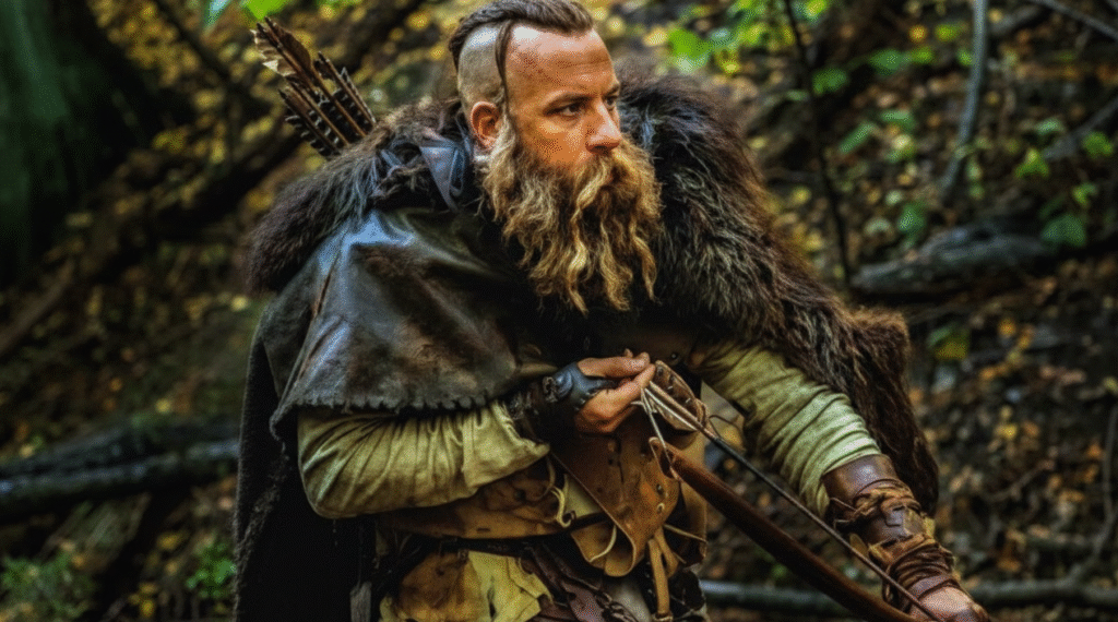 A rugged forest warrior with a bow and arrows, wearing fur-lined armor, evoking the dark fantasy world of The Last Witch Hunter.