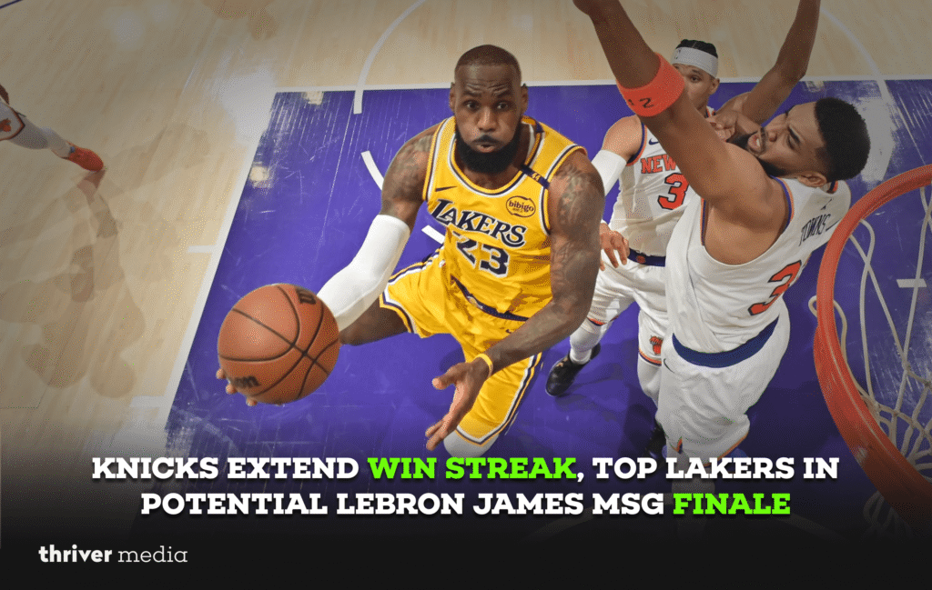 New York Knicks celebrate a home win against the Los Angeles Lakers at Madison Square Garden as LeBron James looks on