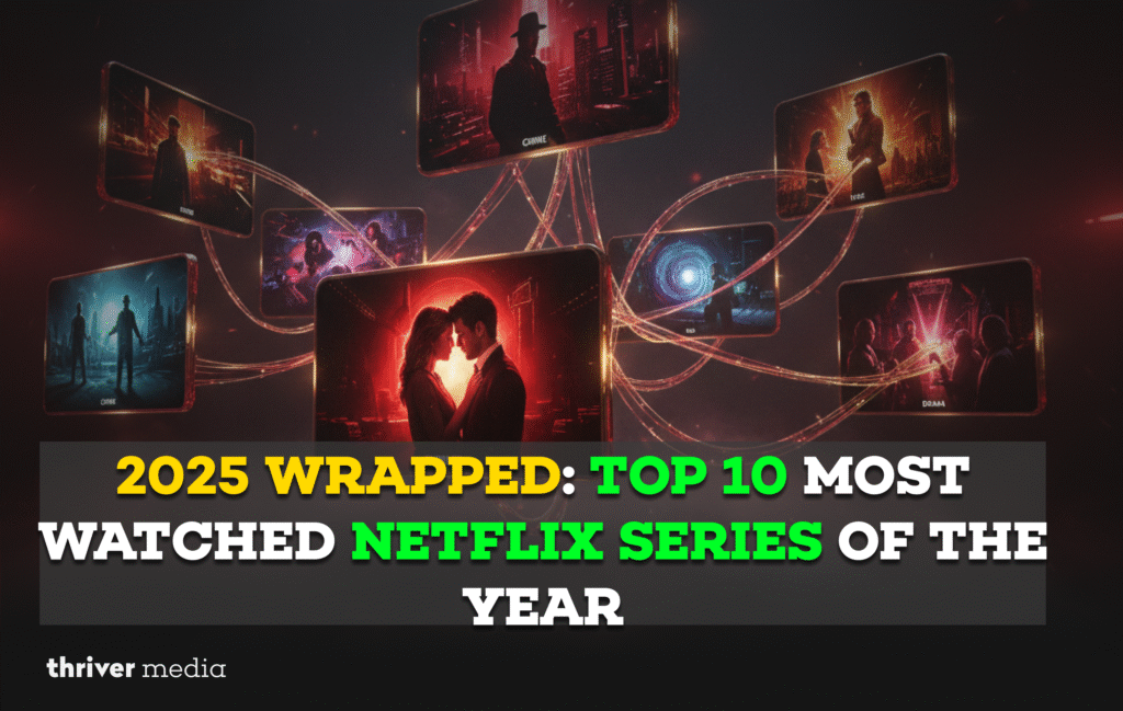 2025 wrapped blog cover showing a dramatic 3D collage of the top 10 most-watched Netflix series of the year.