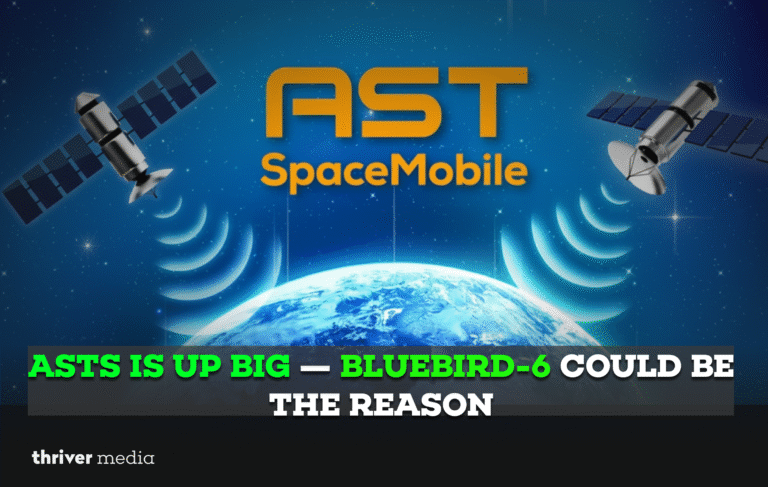 AST SpaceMobile satellites orbiting Earth with BlueBird-6 launch highlighting ASTS stock surge and next-generation space broadband technology.
