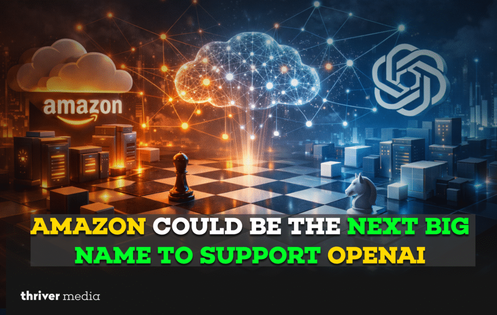Futuristic illustration showing Amazon and OpenAI logos connected through a glowing AI network, symbolizing a potential strategic partnership.