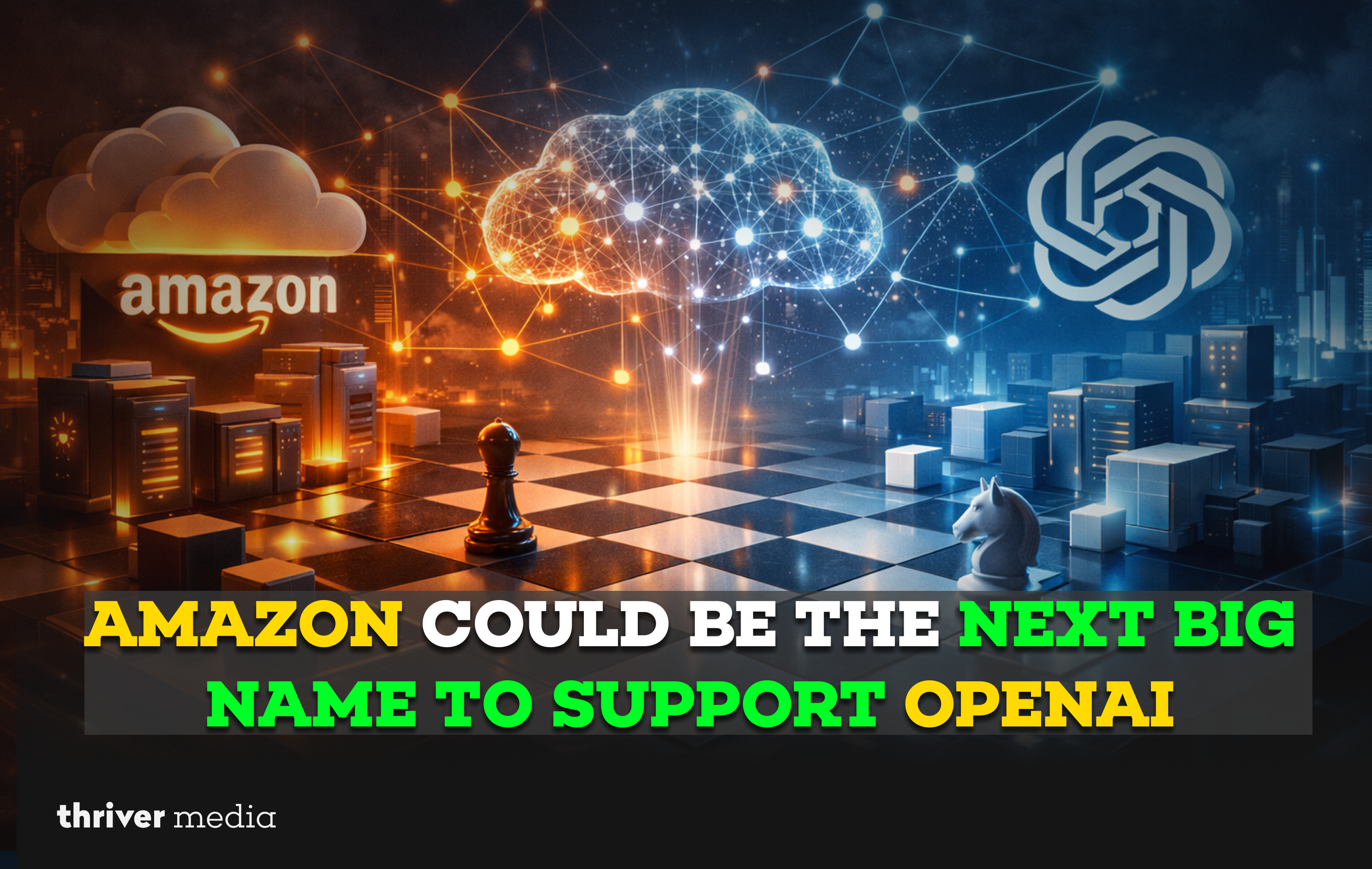 Current image: Futuristic illustration showing Amazon and OpenAI logos connected through a glowing AI network, symbolizing a potential strategic partnership.