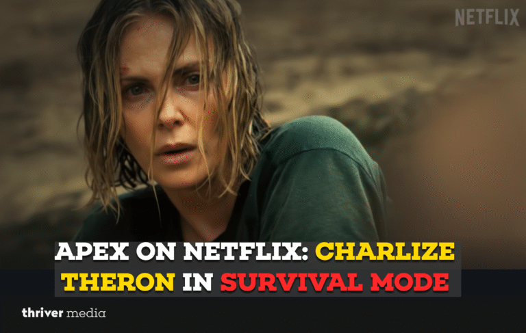 Charlize Theron in a tense survival scene from Netflix’s Apex teaser trailer, showing the actor injured and on the run.