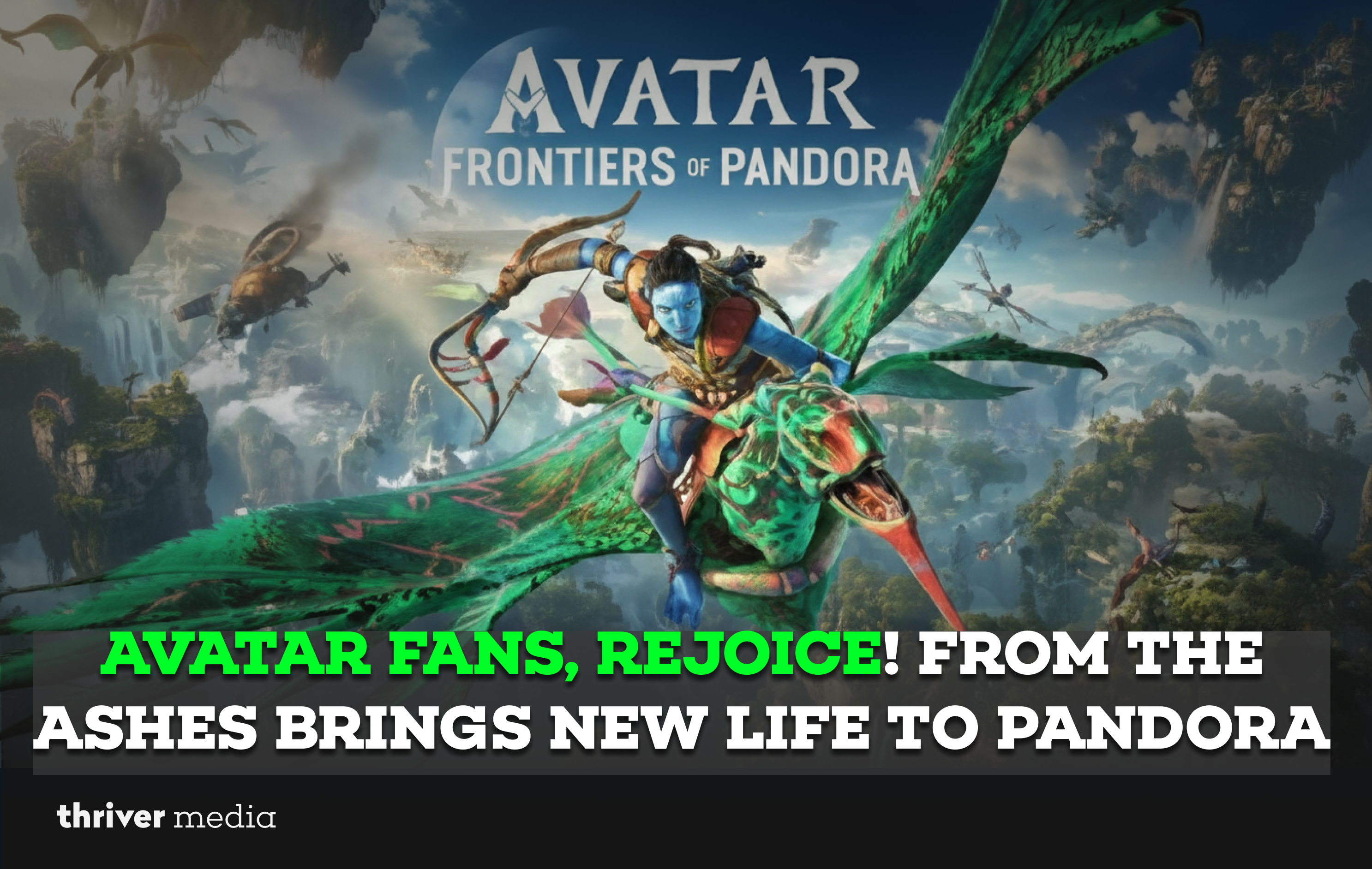 Current image: Avatar: Frontiers of Pandora gameplay showing a Na’vi warrior flying an ikran above Pandora’s lush alien landscape