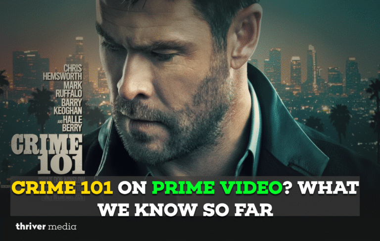Crime 101 movie poster featuring Chris Hemsworth with city skyline background and Prime Video streaming question