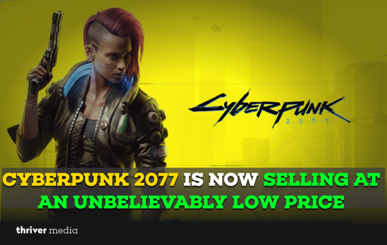 Cyberpunk 2077 promotional image showing a female character holding a gun against a yellow background, highlighting the game’s major price drop.