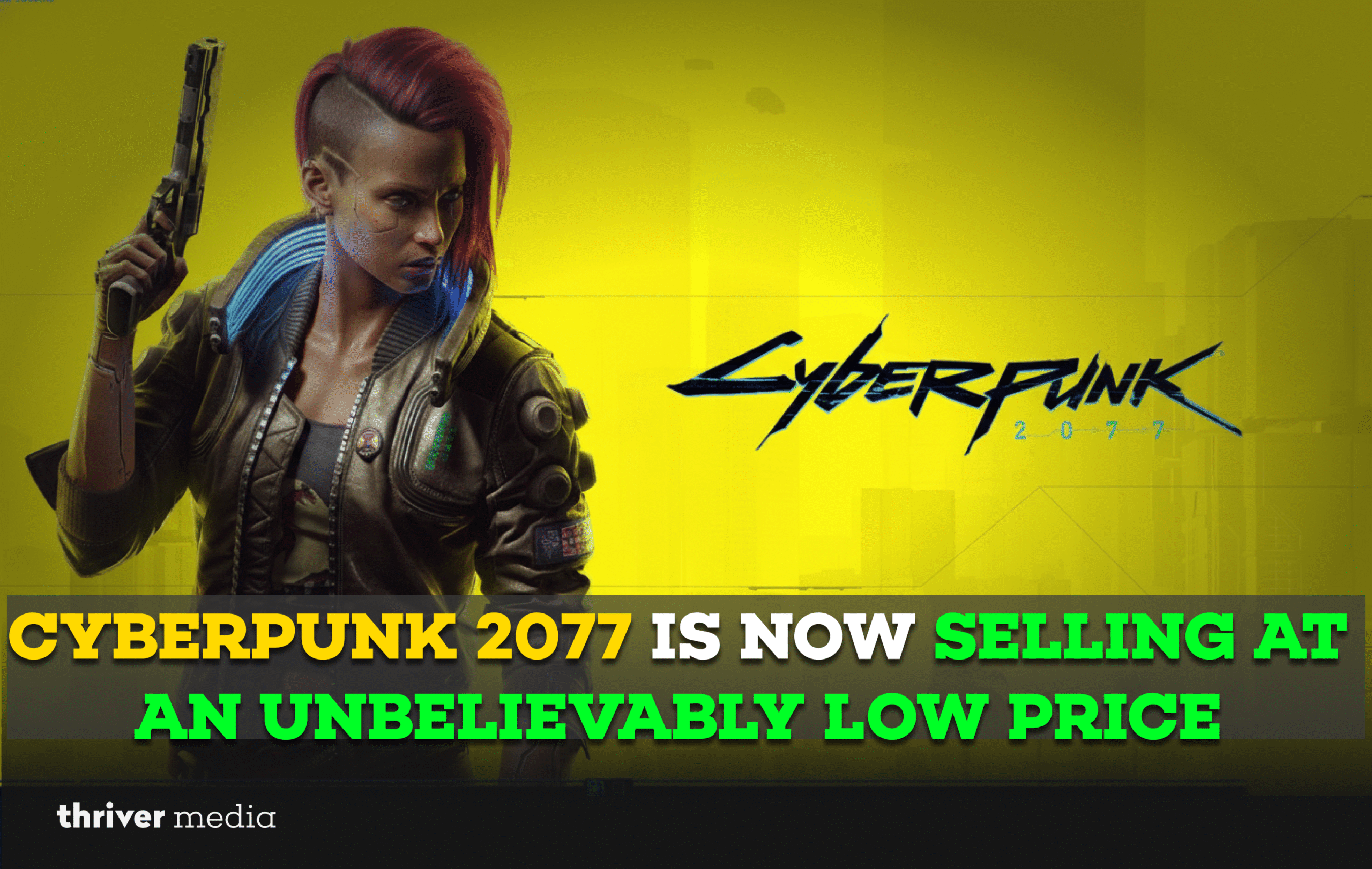 Cyberpunk 2077 promotional image showing a female character holding a gun against a yellow background, highlighting the game’s major price drop.