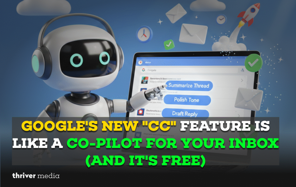 Current image: 3D illustration of Google’s CC feature acting as an AI co-pilot for Gmail, helping users write, summarize, and manage emails for free.