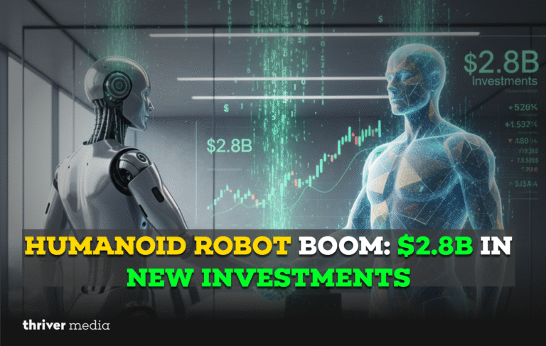Humanoid robot and digital human face each other as investment data highlights a $2.8B boom in humanoid robot startups.