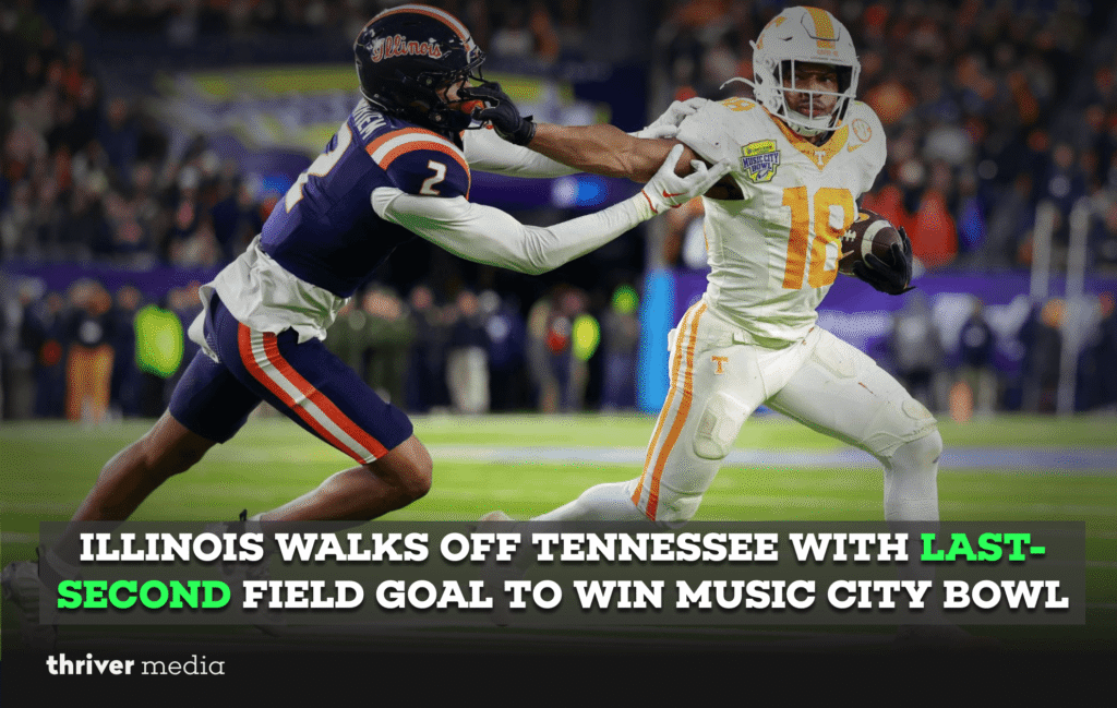 Illinois Beats Tennessee with Last-Second Field Goal in Thrilling Music City Bowl Finish 1 Illinois quarterback Luke Altmyer celebrates with teammates after David Olano’s game-winning field goal against Tennessee in the Music City Bowl.