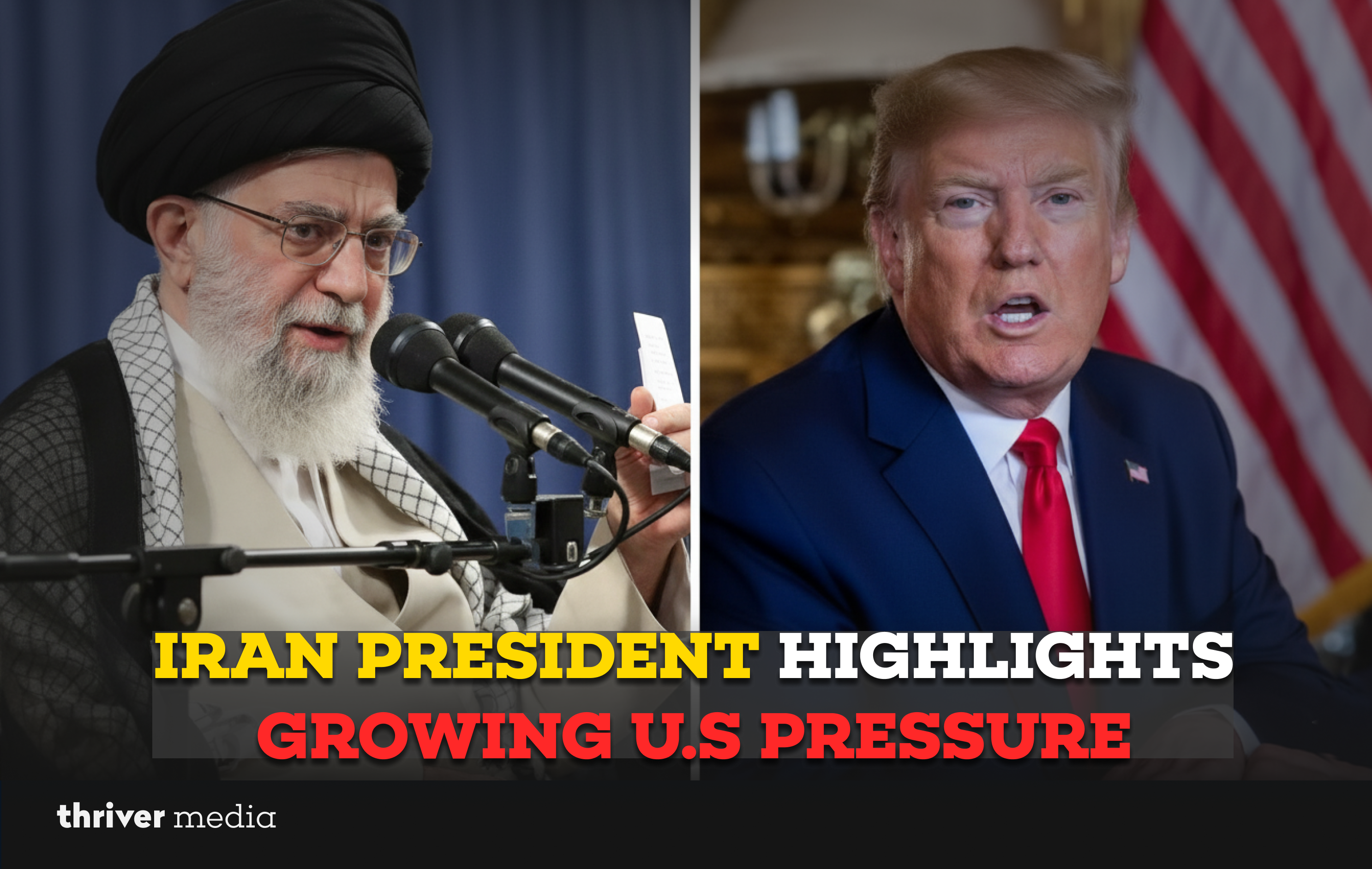 Current image: Iran’s supreme leader speaks at a podium while former U.S. President Donald Trump appears in a separate image, highlighting rising U.S. Iran tensions.