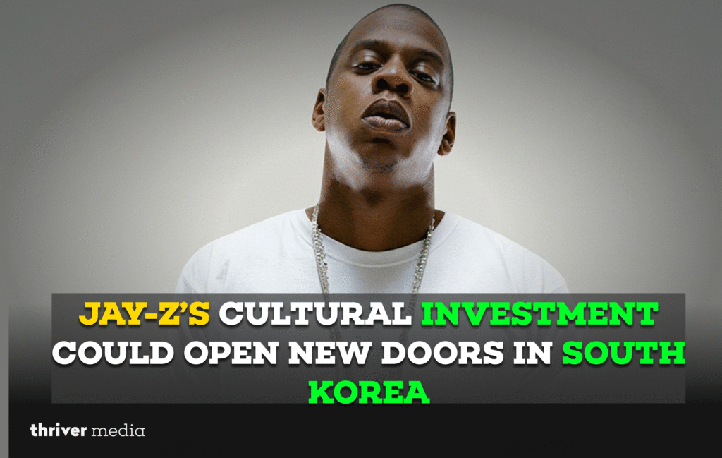 JAY-Z investment concept with South Korean cultural icons and partnership visuals.