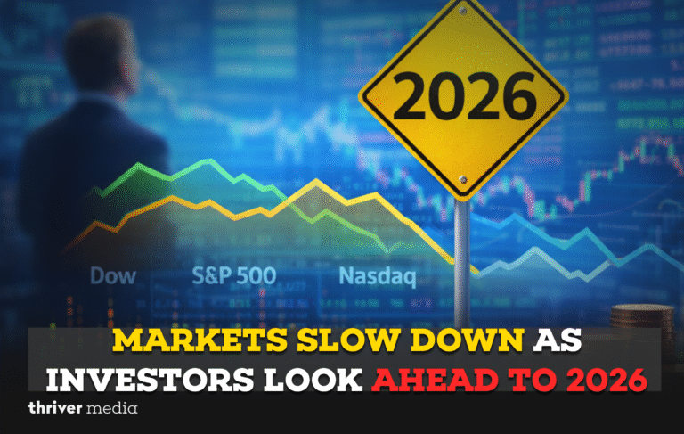 A financial market graphic showing declining lines for the Dow, S&P 500, and Nasdaq with a road sign marked “2026,” symbolizing investors looking ahead as markets slow.