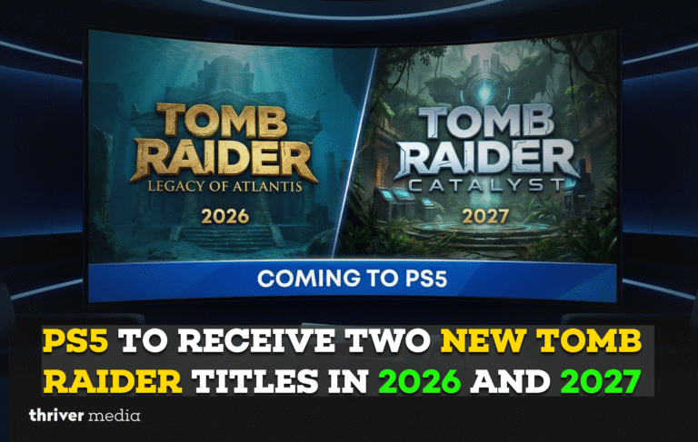 Promotional artwork showing Lara Croft from Tomb Raider: Legacy of Atlantis (2026) and Tomb Raider: Catalyst (2027) coming to PS5.
