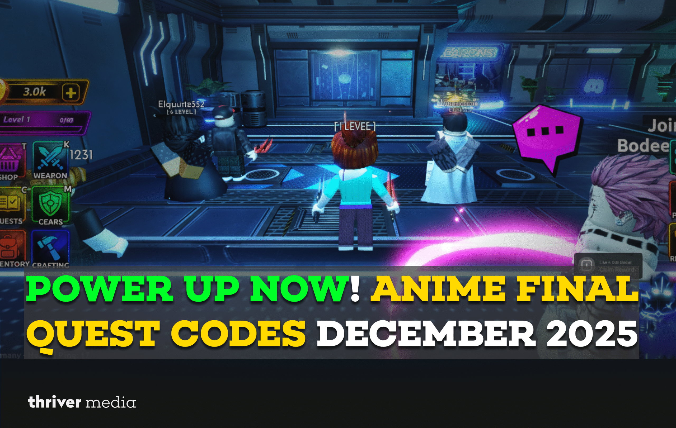 Roblox Anime Final Quest gameplay scene showing player avatars standing inside a futuristic lobby with glowing weapons and sci-fi environment, December 2025 update.