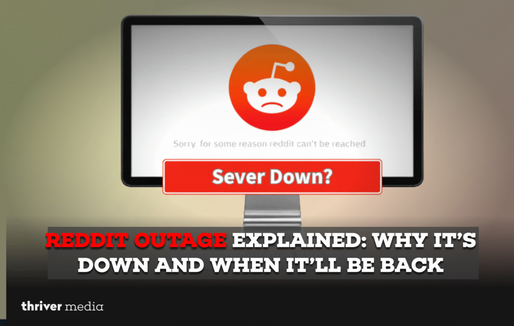 Current image: Reddit outage error screen showing sad Reddit logo with “Server Down?” warning on a desktop monitor.