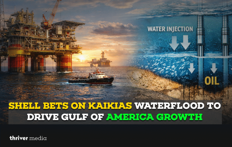 Offshore oil platform in the Gulf of America with a visual illustration of waterflood technology used at Shell’s Kaikias field.