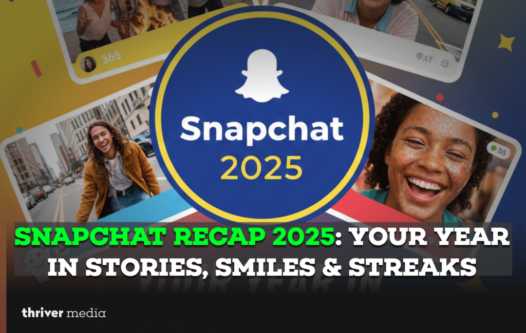 Snapchat Recap 2025 graphic showing the Snapchat logo with smiling users and highlights of stories, snaps, and streaks.