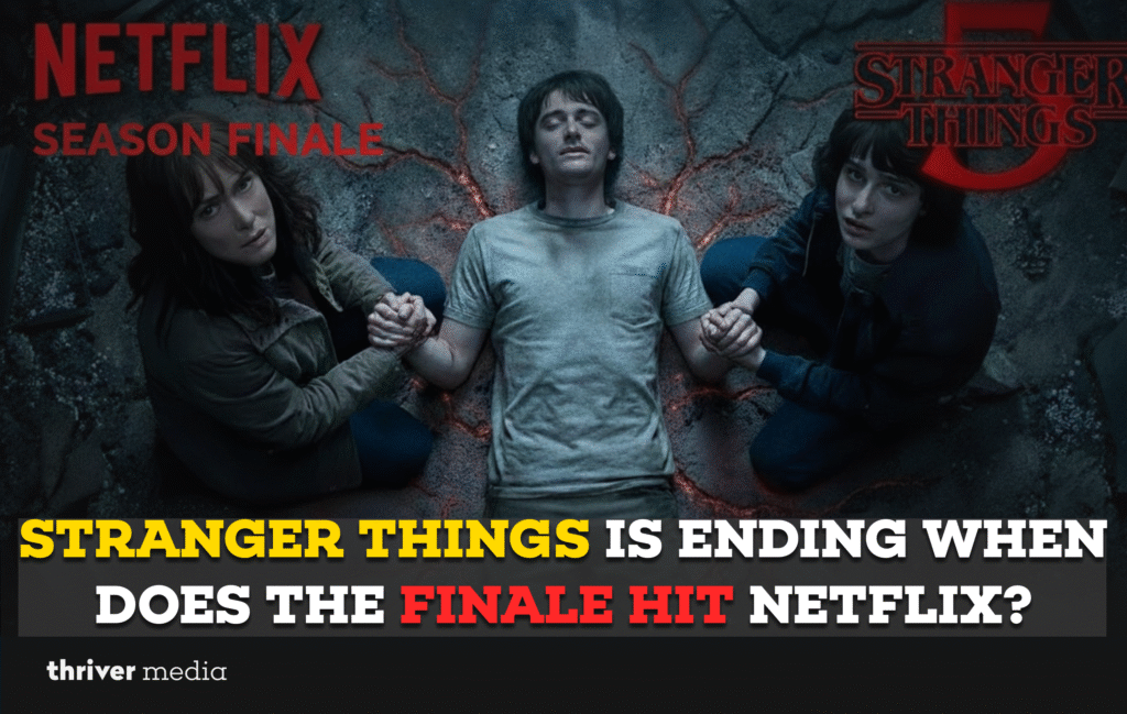 Current image: Stranger Things Season 5 finale promotional image showing key characters holding hands as the Netflix series approaches its ending.