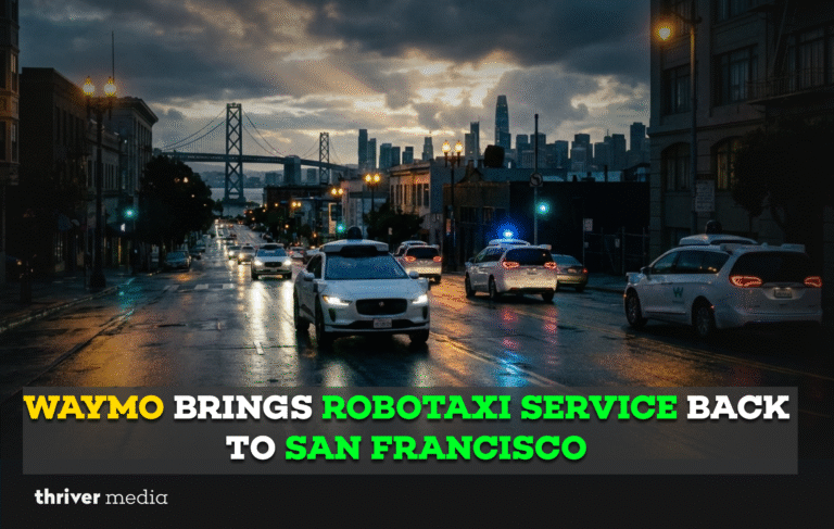 Waymo robotaxi vehicles driving through San Francisco streets after a citywide blackout, with the skyline and bridge visible under dramatic lighting.