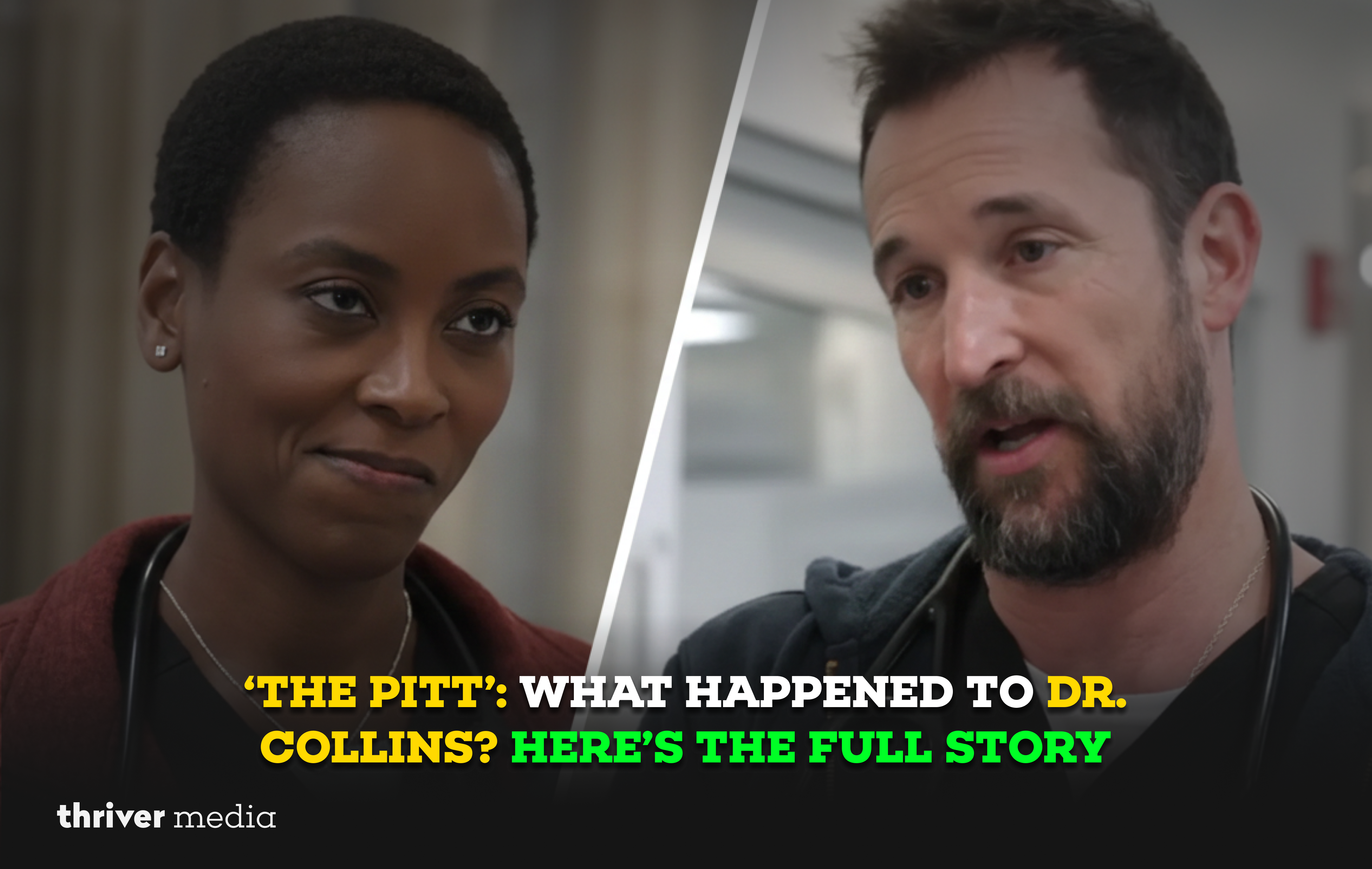 Current image: Split-screen image from The Pitt showing Dr. Collins and Dr. Marko Bishop facing each other, highlighting the storyline surrounding Dr. Collins’ suspension and exit.