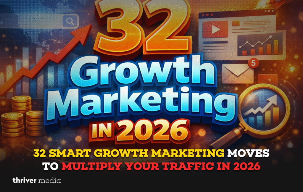 Current image: Graphic banner reading “32 Growth Marketing in 2026” with charts, icons, and bold typography promoting smart growth marketing moves to multiply traffic.