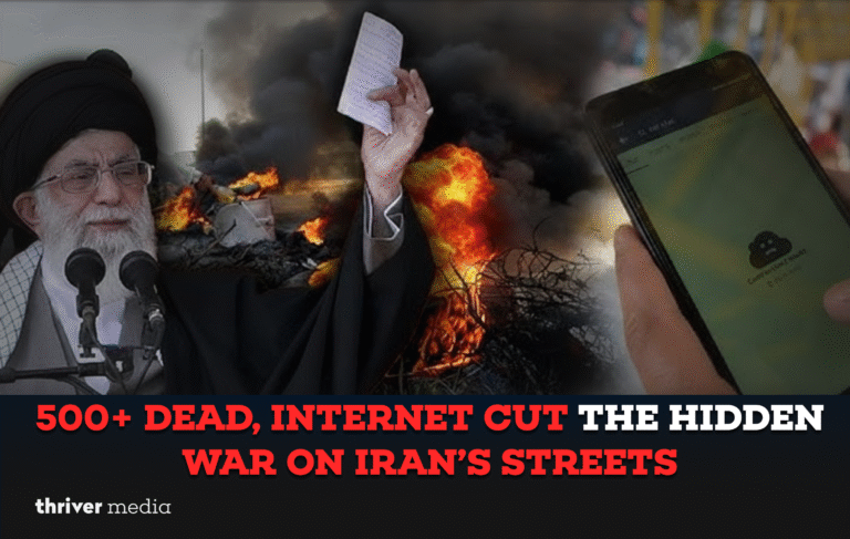 A man speaking at a podium raises a paper while fire and smoke rise in the background, alongside a smartphone showing a blocked internet message, symbolizing Iran’s protest blackout crisis.