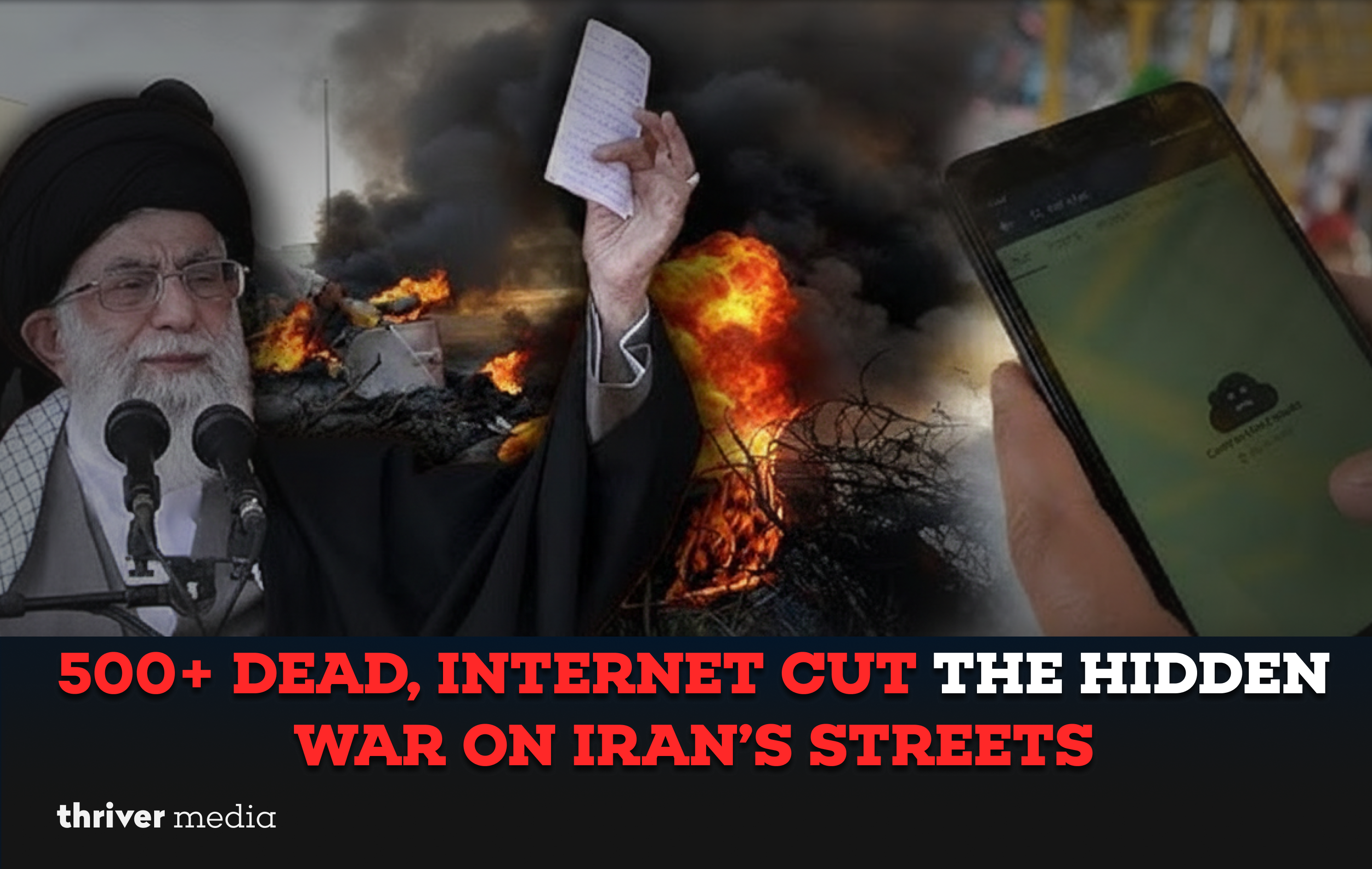 Current image: A man speaking at a podium raises a paper while fire and smoke rise in the background, alongside a smartphone showing a blocked internet message, symbolizing Iran’s protest blackout crisis.