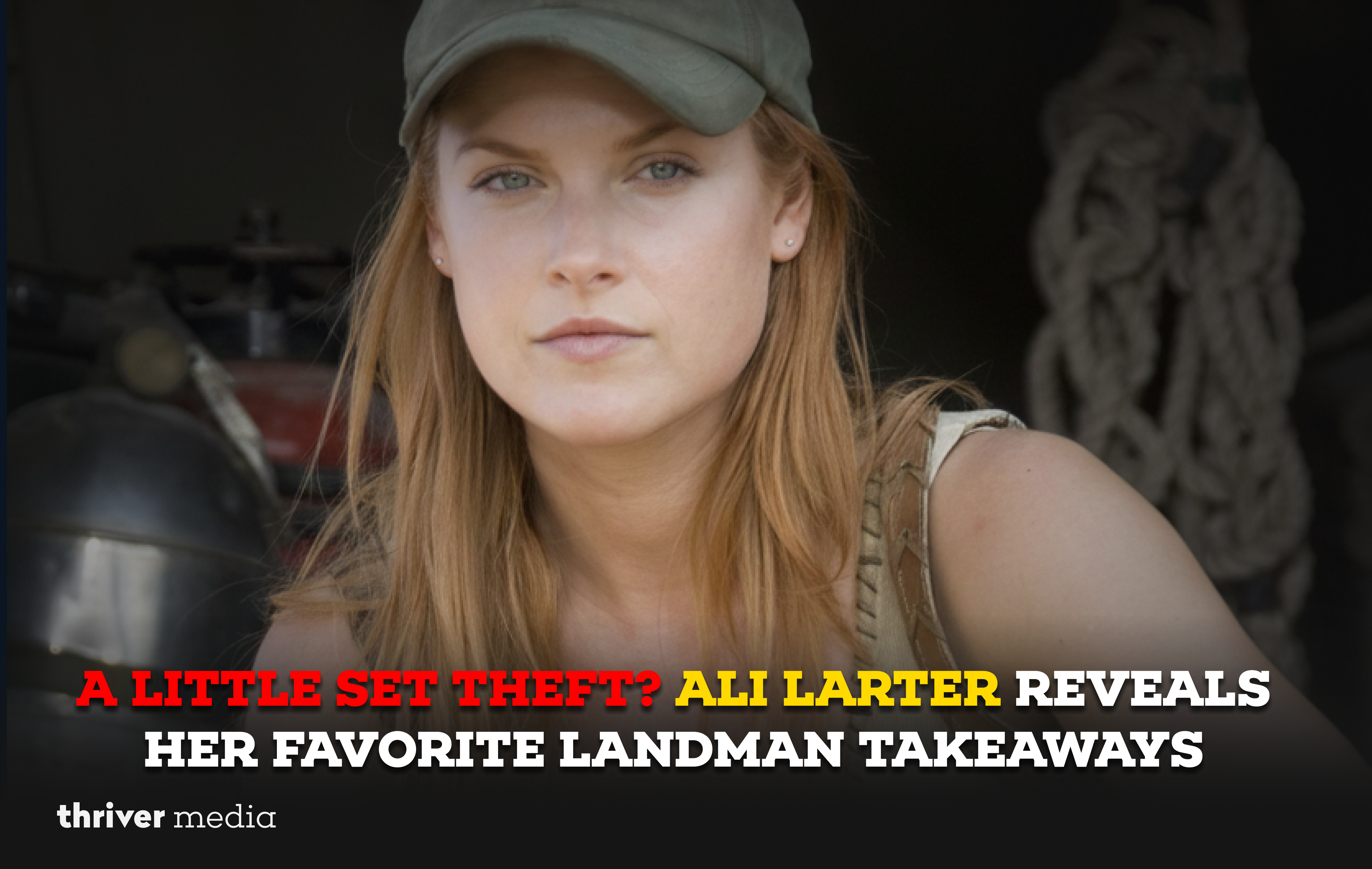 Ali Larter on set during filming of Landman, smiling during a behind-the-scenes moment.