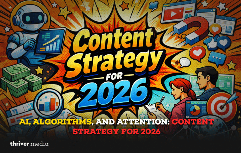 Comic-style illustration showing a robot, marketers, charts, social icons, and growth symbols around the text “Content Strategy for 2026”.