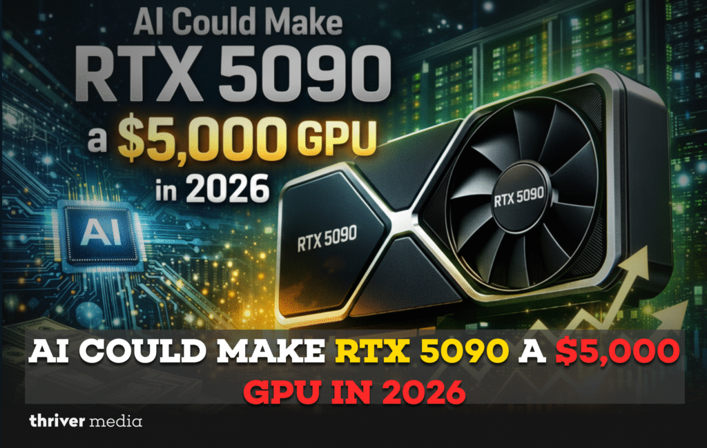 Illustration showing an RTX 5090 graphics card with AI circuitry and data center visuals, highlighting a potential $5,000 GPU price in 2026 driven by AI demand.