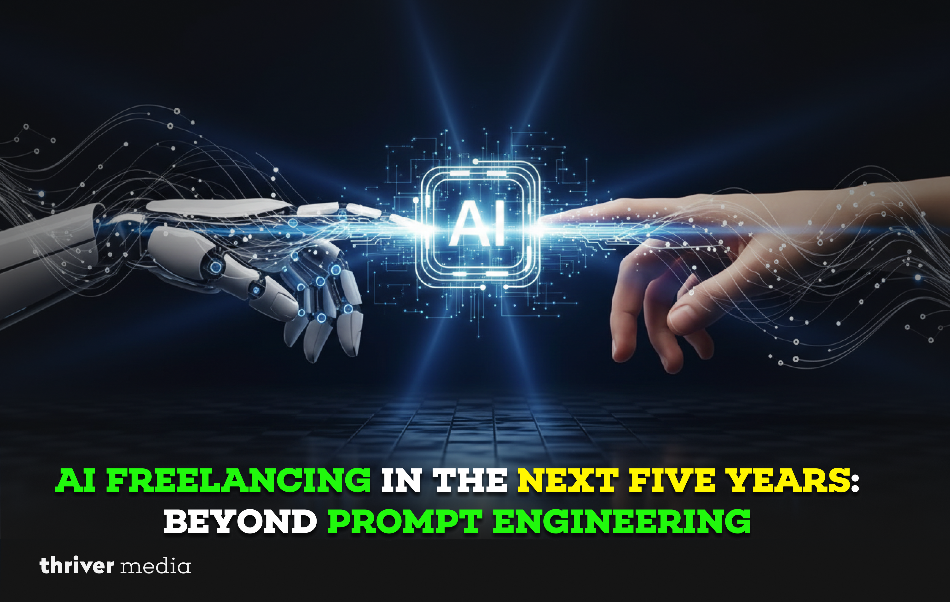 A futuristic workspace where a freelancer collaborates with holographic AI interfaces, symbolizing the partnership between human creativity and artificial intelligence.