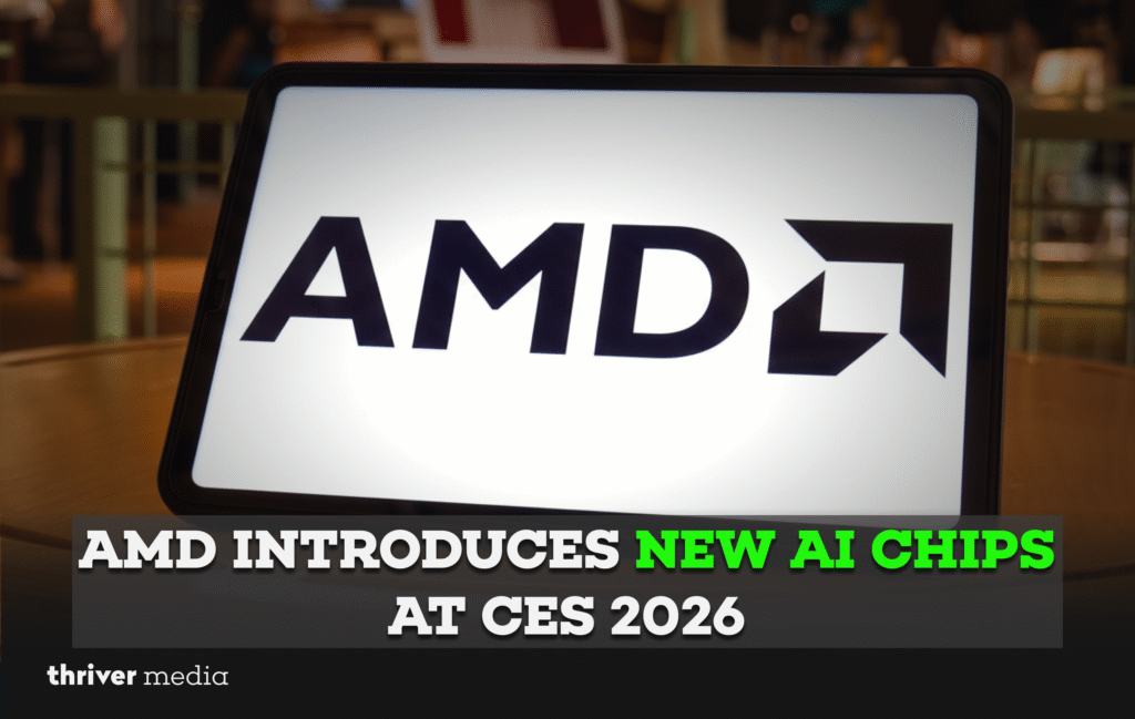 AMD logo displayed on a tablet screen with the headline “AMD Introduces New AI Chips at CES 2026,” highlighting the company’s latest AI chip announcements.