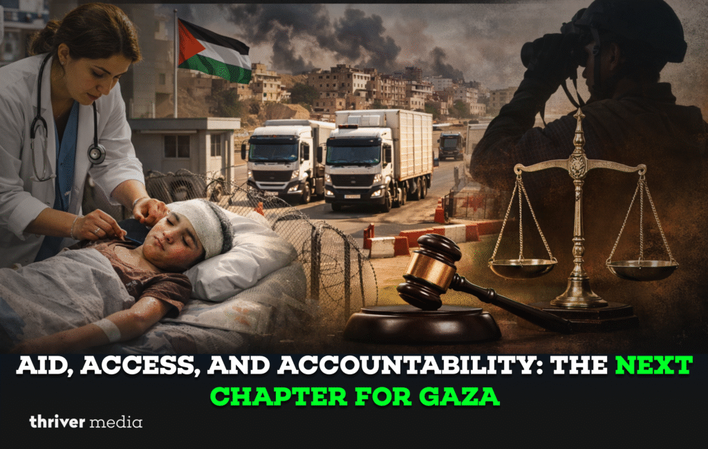Doctor treating an injured child in Gaza hospital, aid trucks crossing a checkpoint, and justice scales symbolizing humanitarian access and accountability in post-conflict Gaza.