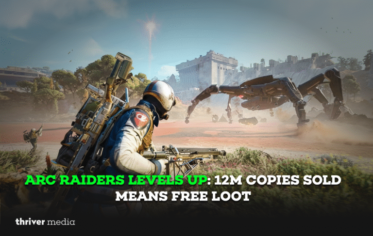 Arc Raiders gameplay scene showing futuristic characters in action, highlighting a free pickaxe reward celebration for reaching 12 million copies sold.