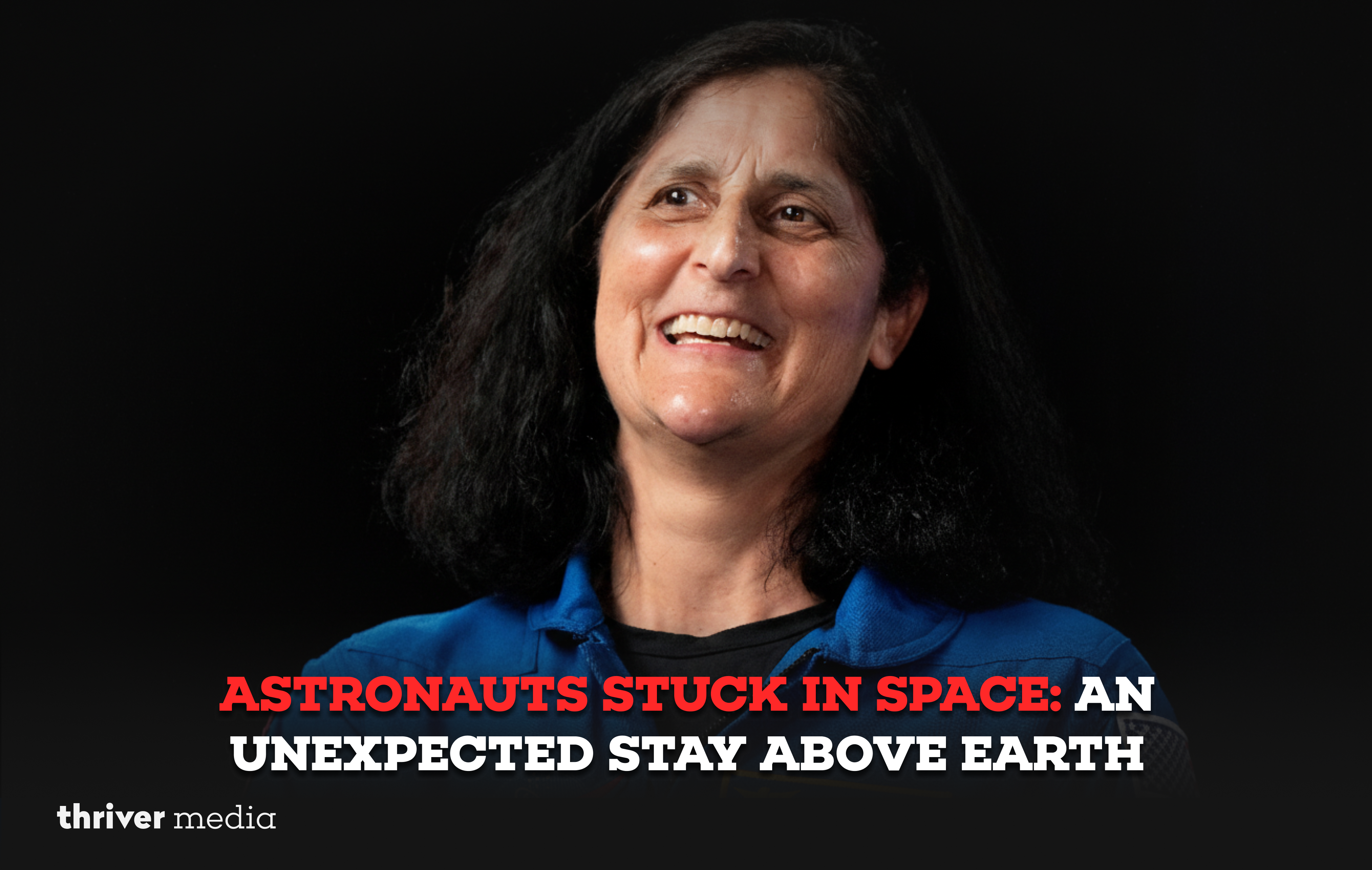 Smiling female astronaut during a talk, with text reading Astronauts Stuck in Space: An Unexpected Stay Above Earth
