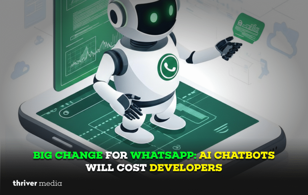 Big Change for WhatsApp: AI Chatbots Will Cost Developers 3 Illustration of WhatsApp logo with AI chatbot icons, highlighting new fees for developers.