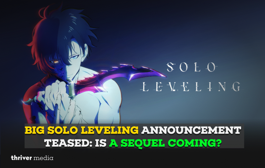 Current image: Solo Leveling anime artwork showing Sung Jin-Woo holding a glowing dagger with dramatic lighting, teasing a major sequel announcement.
