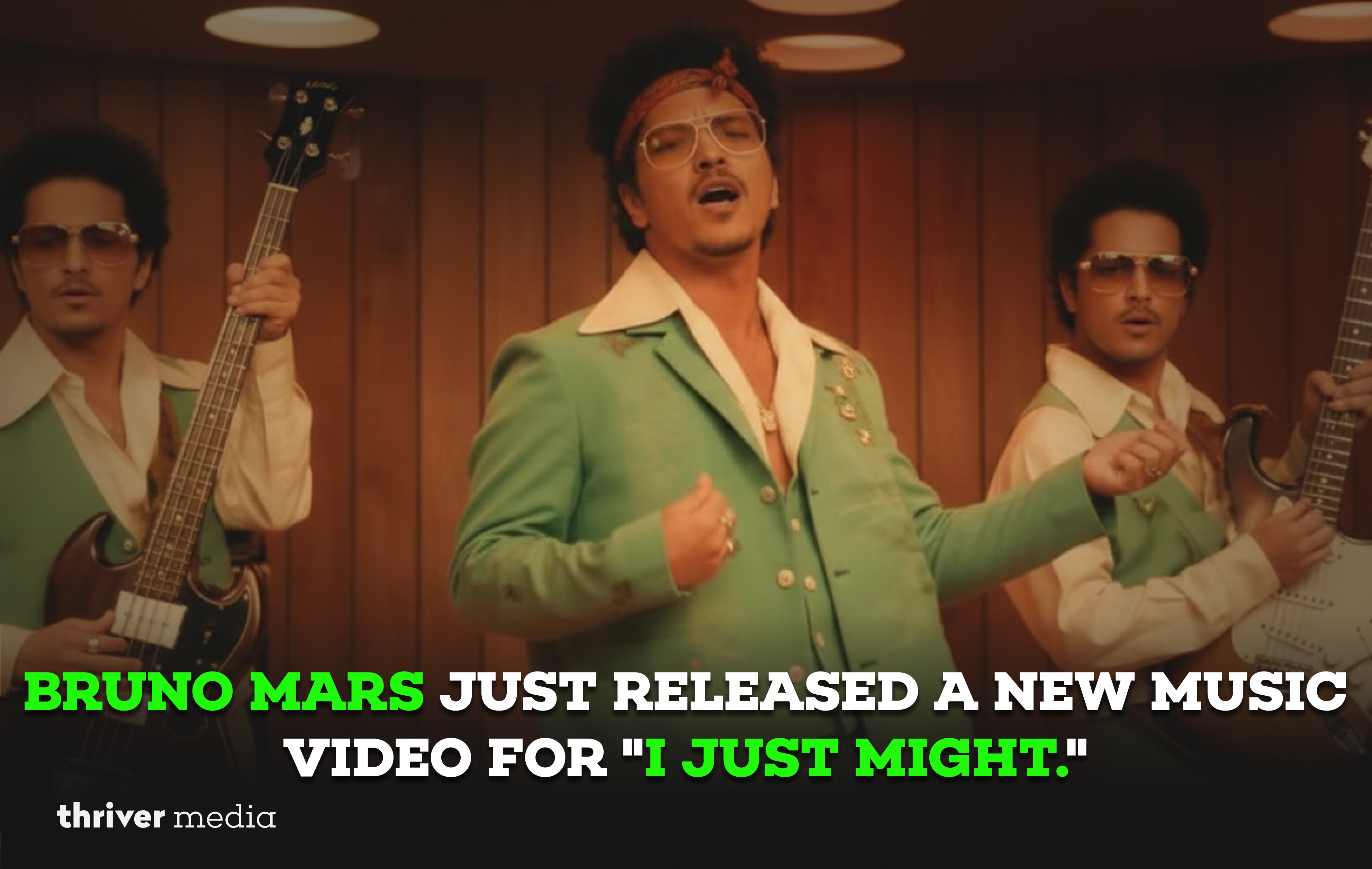 Bruno Mars performing in the official I Just Might music video, showcasing dynamic visuals and signature style.