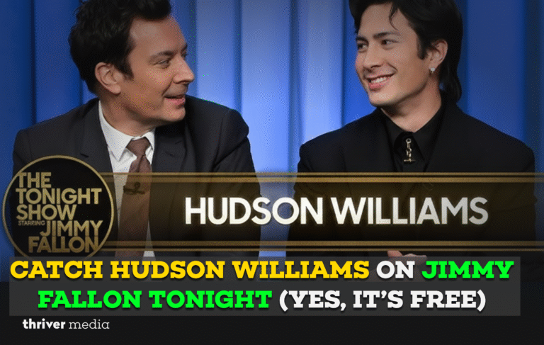 Television host and musical guest smiling on the set of a late-night talk show, with on-screen text promoting a free Tonight Show appearance.