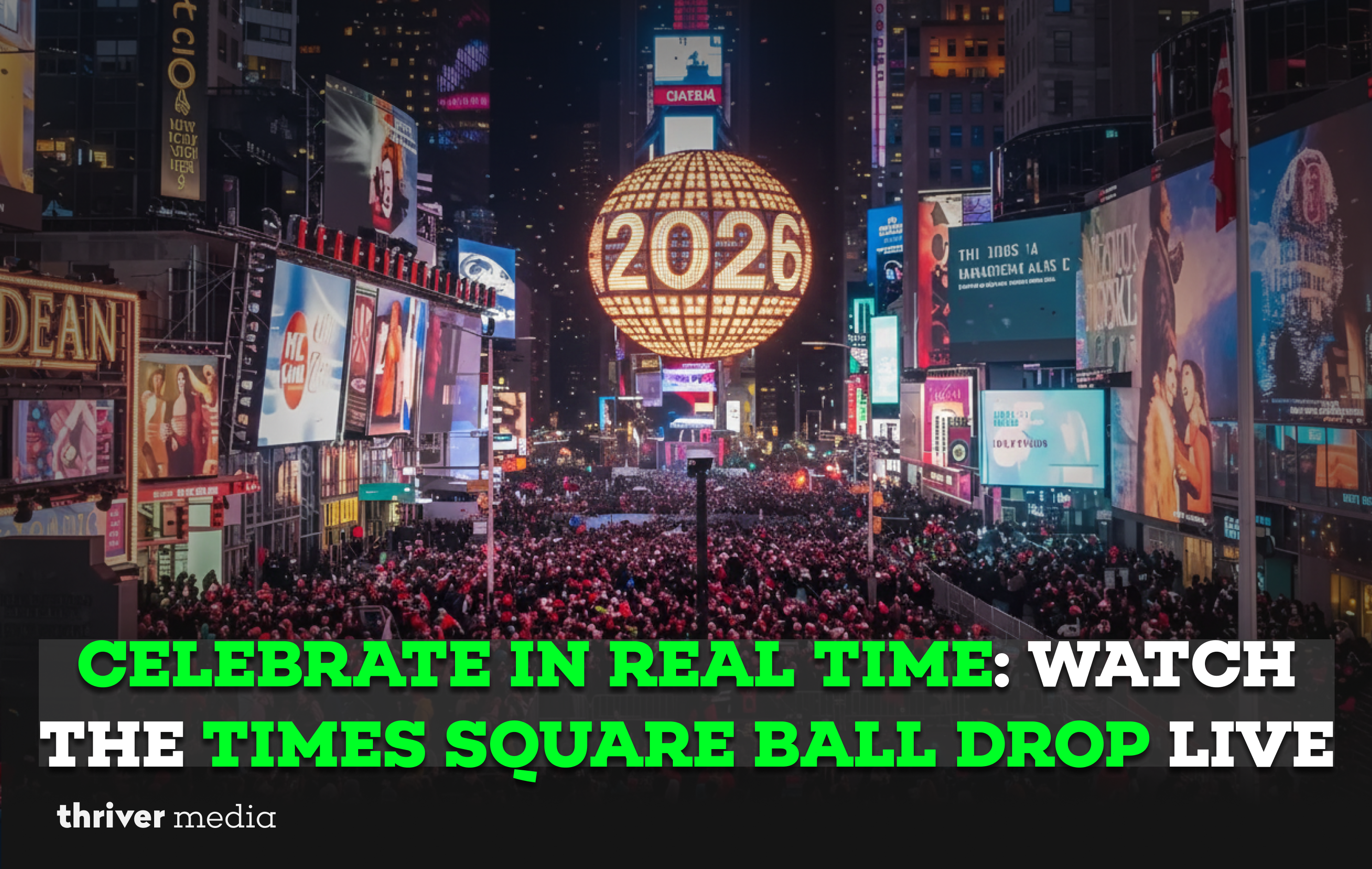 Current image: Times Square crowd celebrating as the 2026 New Year’s Eve ball drops live in New York City