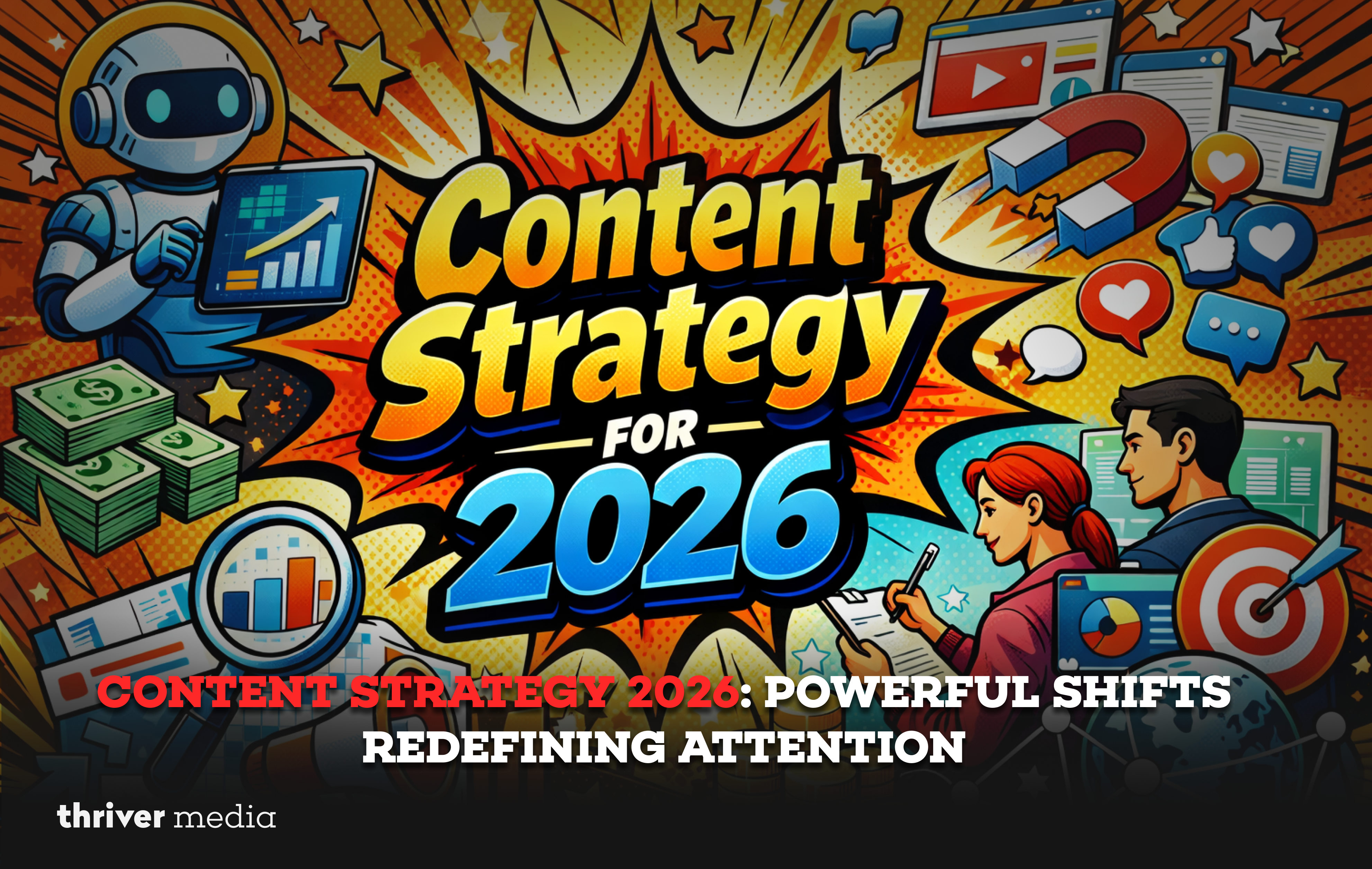 Content Strategy 2026 illustration showing AI, algorithms, analytics, and audience engagement reshaping digital marketing