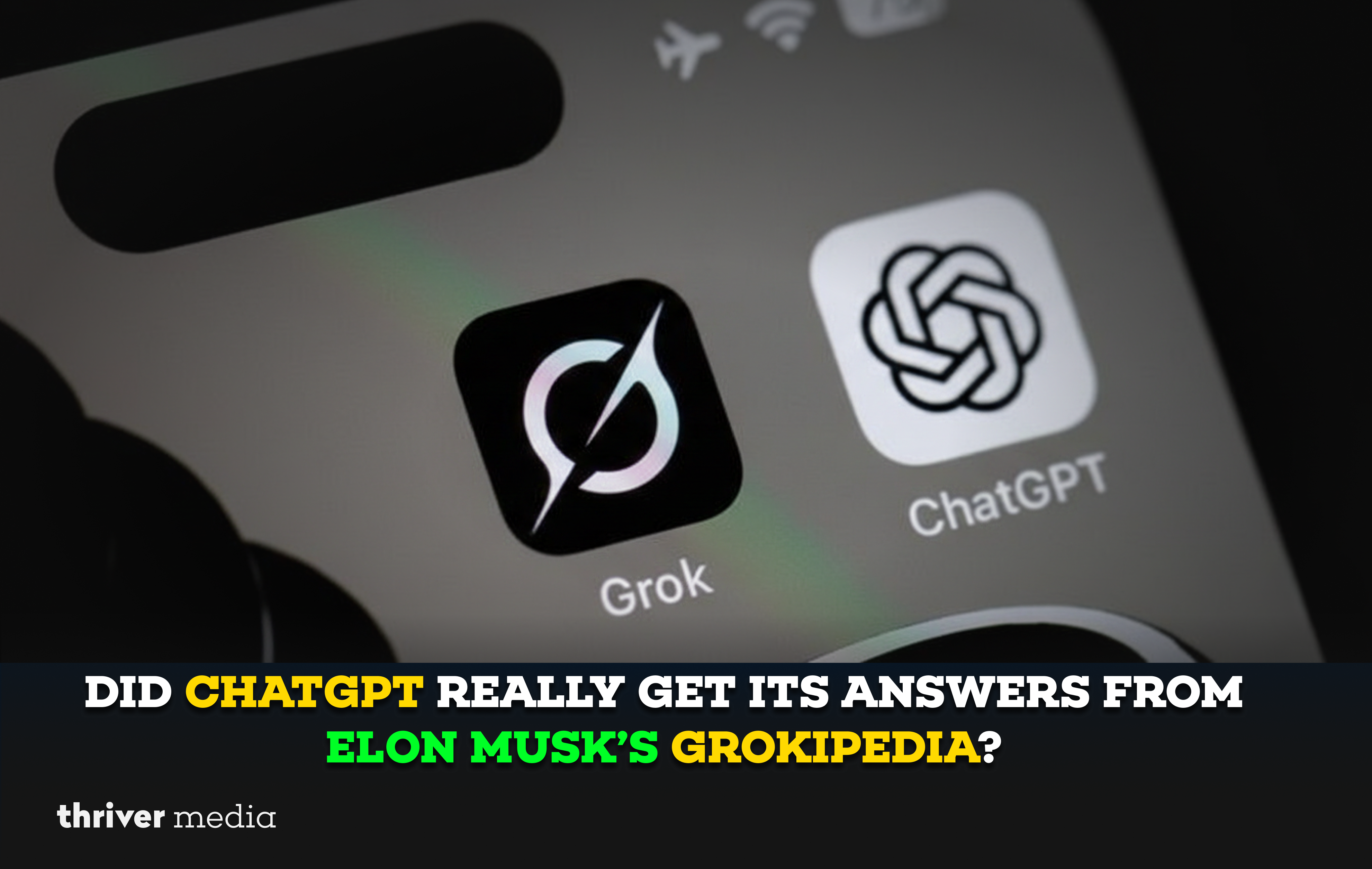 ChatGPT interface with Elon Musk and Grokipedia graphics highlighting AI answer sources.