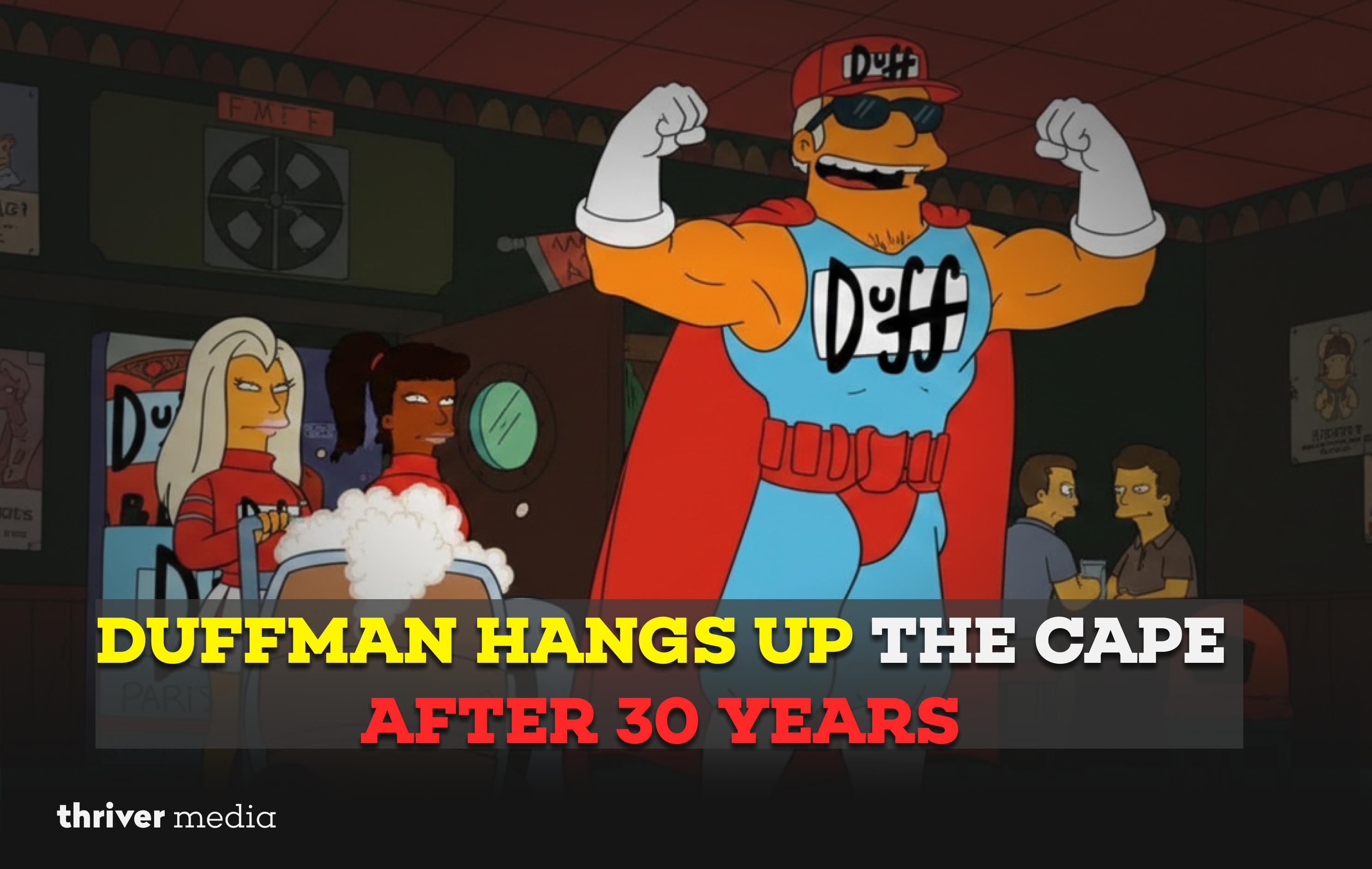 Current image: Duffman flexes his muscles in Moe’s Tavern as The Simpsons retires the iconic mascot after 30 years, marking the end of a classic era.